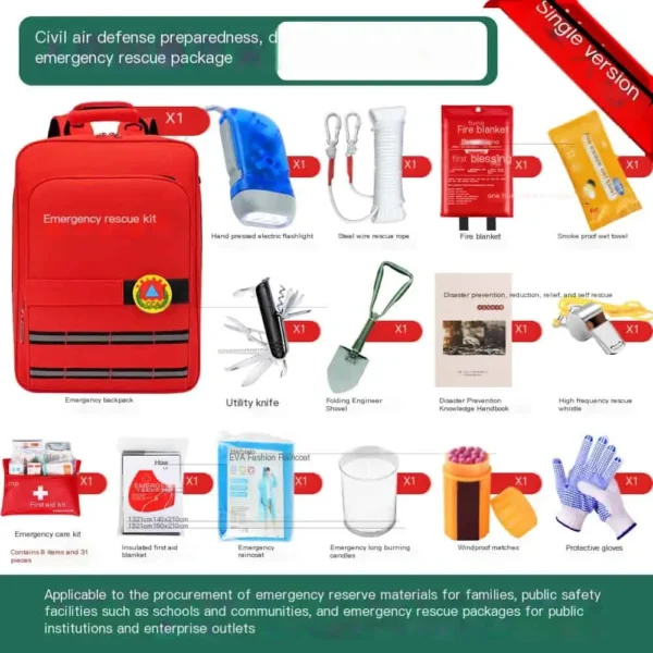 Family Emergency Rescue Kit - Civil Defense Earthquake Survival Backpack with Full Disaster Preparedness Supplies
