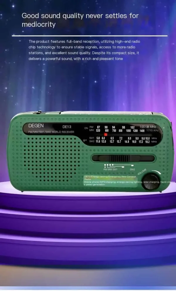 Degen DE13 Hand-Crank Solar Emergency Radio with Flashlight, Alarm, and Power Bank - Image 2