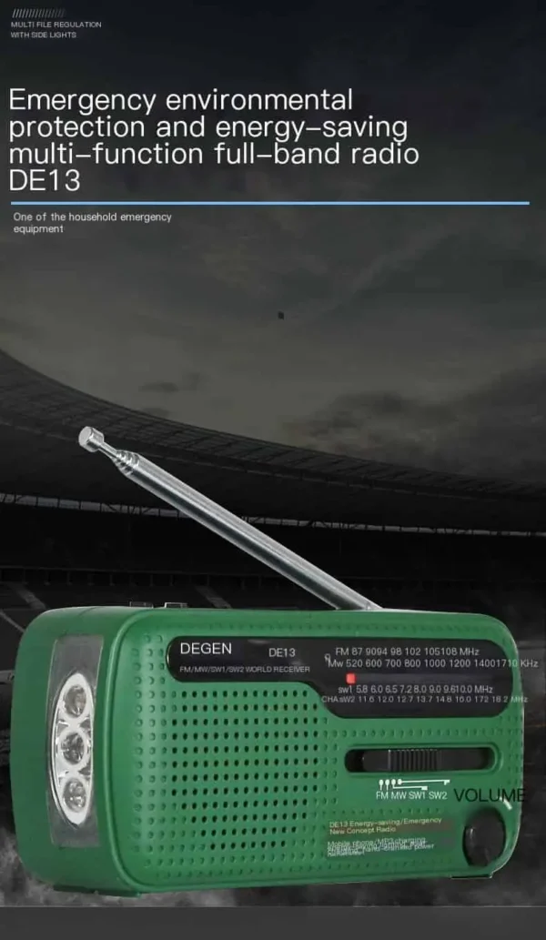 Degen DE13 Hand-Crank Solar Emergency Radio with Flashlight, Alarm, and Power Bank - Image 4