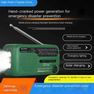 Degen DE13 Hand-Crank Solar Emergency Radio with Flashlight, Alarm, and Power Bank